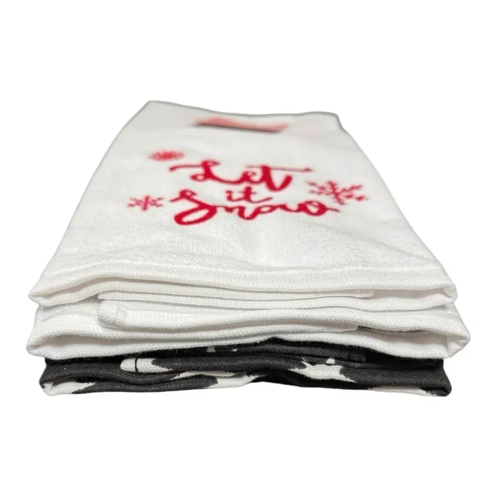 Aldi Merry Moments Holiday Hand Towel Set 2-Pack White Let It Snow Black Stars